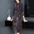 3/4-sleeve Midi Floral A-line Dress