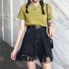Plain Short Sleeve T-shirt / Mesh Hem A-line Denim Skirt