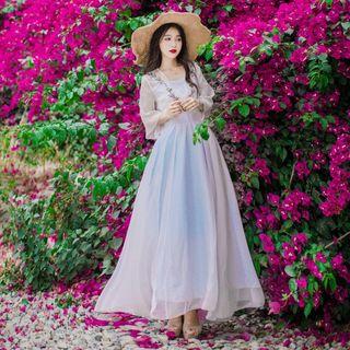 Floral Embroidered Elbow-sleeve Tie-waist Slim Sheath Dress