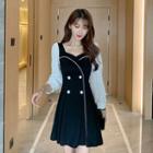 Two-tone Double-breasted Long-sleeve Mini A-line Dress