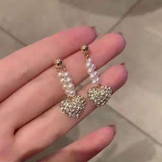 Heart Rhinestone Faux Pearl Dangle Earring 1 Pair - White - One Size