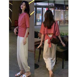 Elbow-sleeve Ribbon Back T-shirt / Harem Pants