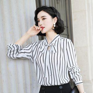 Long-sleeve Striped Blouse / Boot-cut Dress Pants