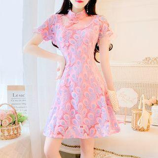 Puff-sleeve Patterned Lace Mini A-line Qipao Dress