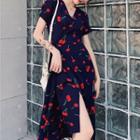 Short-sleeve Cherry Print V-neck Midi Dress