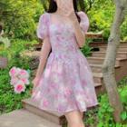 Puff-sleeve Square-neck Floral Chiffon Dress