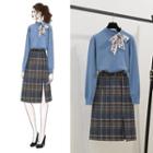 Bow Neck Sweater / Plaid A-line Skirt / Set