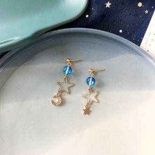 Moon & Star Rhinestone Asymmetrical Alloy Dangle Earring 1 Pair - Gold - One Size