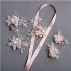 Wedding Set: Resin Flower Headpiece + Hair Clip + Earring 3 Pcs - Hair Clip / 1 Pc - Headpiece / 1 Pair - Earrings - Pink - One Size