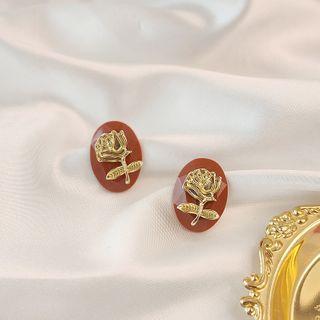 Floral Earring 1 Pair - Brick Red & Gold - One Size