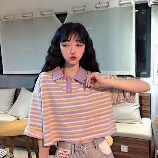 Striped Elbow-sleeve Cropped Polo Shirt Stripe - Purple - One Size