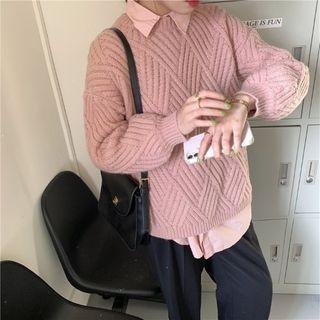 Plain Long-sleeve Shirt / Plain Cable-knit Sweater