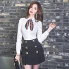 Set: Long-sleeve Blouse + Double-breasted Skort
