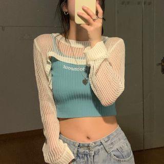 Cropped Long-sleeve Crochet Knit Top / Letter Embroidered Camisole