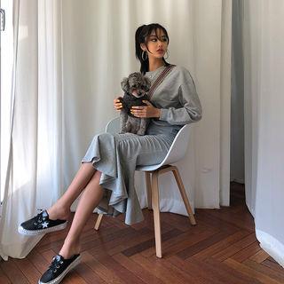 Set: Round-neck Cotton Pullover + Band-waist Shirred Midi Skirt