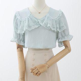 Bell-sleeve Lace Ruffled Chiffon Blouse