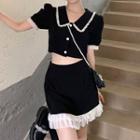 Short-sleeve Lace Trim Crop Shirt / Mini Skirt