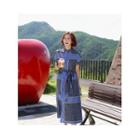 Mandarin-collar Patterned Dress With Sash Blue - One Size