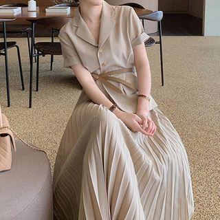 Short Sleeve Notch Lapel Pleated Mock Two Piece Dress