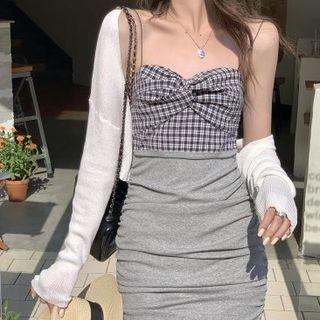 Spaghetti Strap Plaid Panel Mini Sheath Dress / Cardigan
