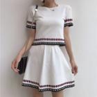 Set: Short Sleeve Patterned Knit T-shirt + Patterned A-line Skirt