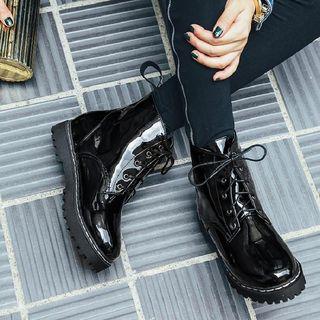 Platform Faux Patent Leather Lace Up Short Boots