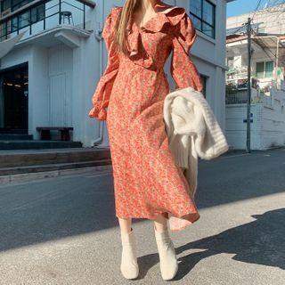 Puff-sleeve Ruffled Long Floral Dress