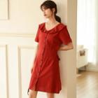 Short-sleeve Ruffle-collar Buttoned A-line Dress