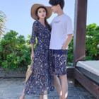 Couple Matching Elbow-sleeve Letter T-shirt / Shorts / Elbow-sleeve Midi Dress