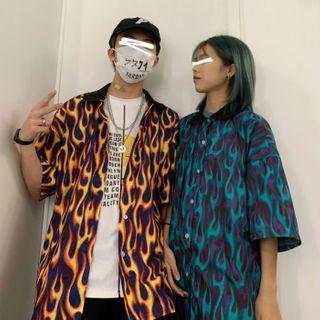 Fire Print Elbow-sleeve Shirt