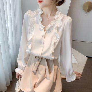 Wood Ear Trim Satin Chiffon Shirt