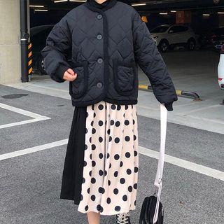 Long-sleeve Dotted Panel Midi A-line Dress As Shown In Figure - One Size