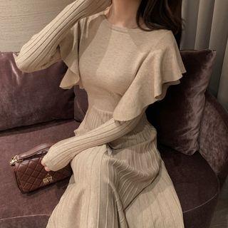 Ruffled A-line Midi Knit Dress Dark Almond - One Size