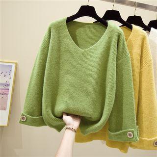 V-neck Button-detail Plain Knit Top