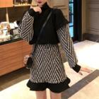 Set: Mock Two-piece Sweatshirt + Patterned Skirt