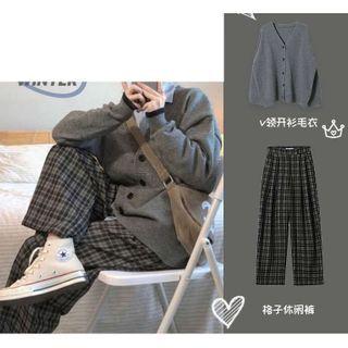 Set: Plain Cardigan + Plaid Wide-leg Pants