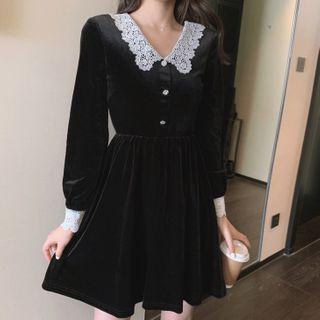 Lace Trim Velvet A-line Dress