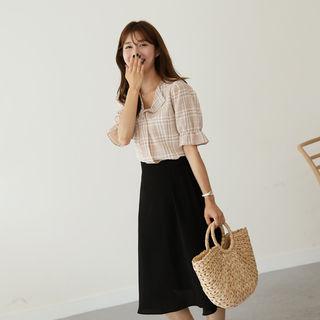 Bell-sleeve Checked Blouse
