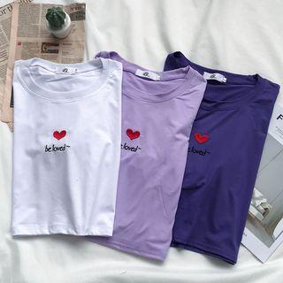 Elbow-sleeve Cropped Heart Embroidery T-shirt