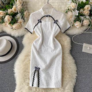 Mandarin Collar Short-sleeve Slit Lace Sheath Dress