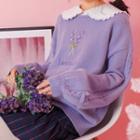 Collared Lavender Embroidered Knit Sweater