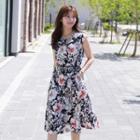 Cap-sleeve Gathered-waist Floral Dress With Belt