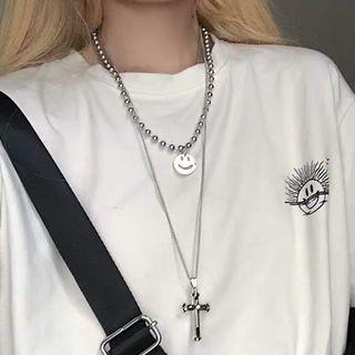 Alloy Smiley & Cross Pendant Layered Necklace As Shown In Figure - One Size