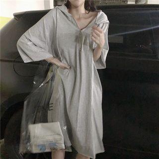 Half Zip Hooded 3/4-sleeve T-shirt Dress