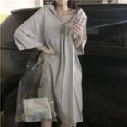 Half Zip Hooded 3/4-sleeve T-shirt Dress