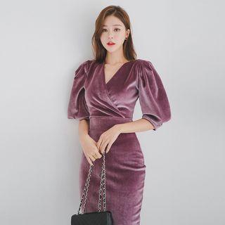 V-neck Velvet Elbow-sleeve Sheath Dress