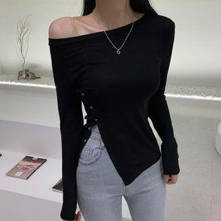 Long-sleeve One-shoulder Asymmetrical Button-up T-shirt