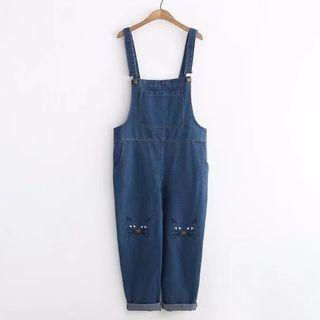 Cat Embroidery Denim Jumper Pants
