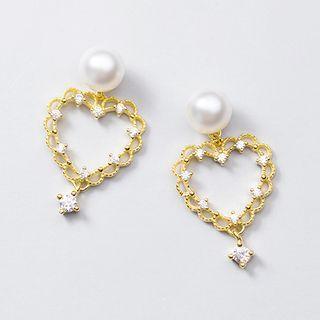 925 Sterling Silver Faux Pearl Rhinestone Heart Dangle Earring