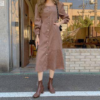 Square-neck Button-front Corduroy Dress